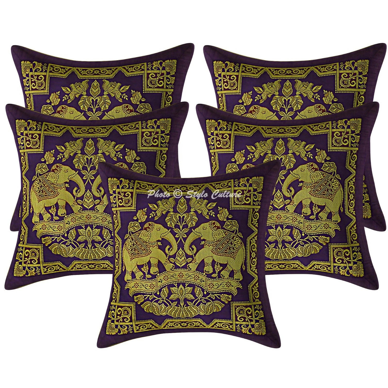 Indian Cushion Covers Purple 12 x 12 Jacquard Brocade Elephant Throw Pillows