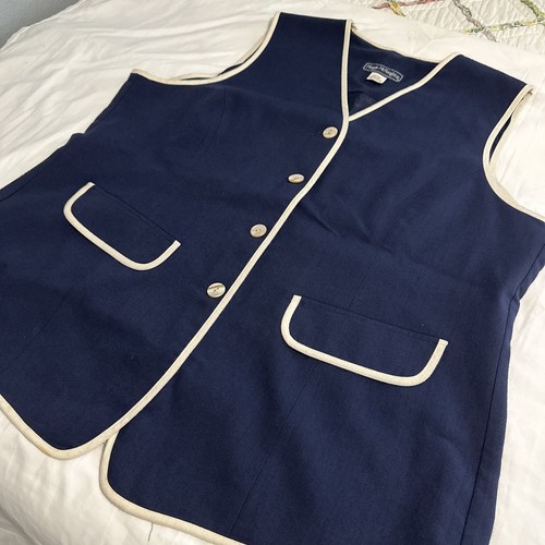Maggie McNaughton Sz 20W Vest Button Lined Navy Ivory Trim V Neck Casual