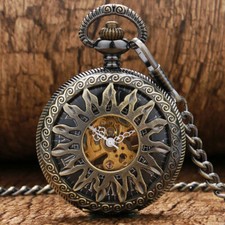 Bronze Hollow Flower Sun Design Skeleton Mechanical Pocket Watch With Chain