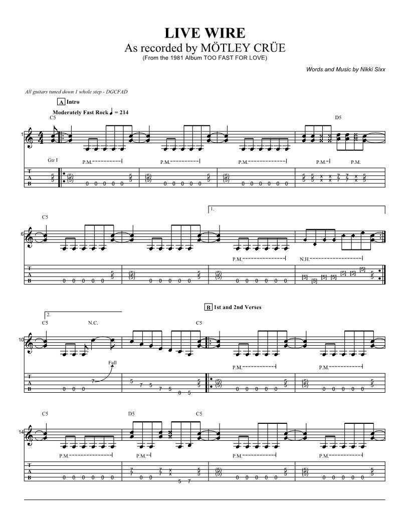 Live Wire Sheet Music, Motley Crue