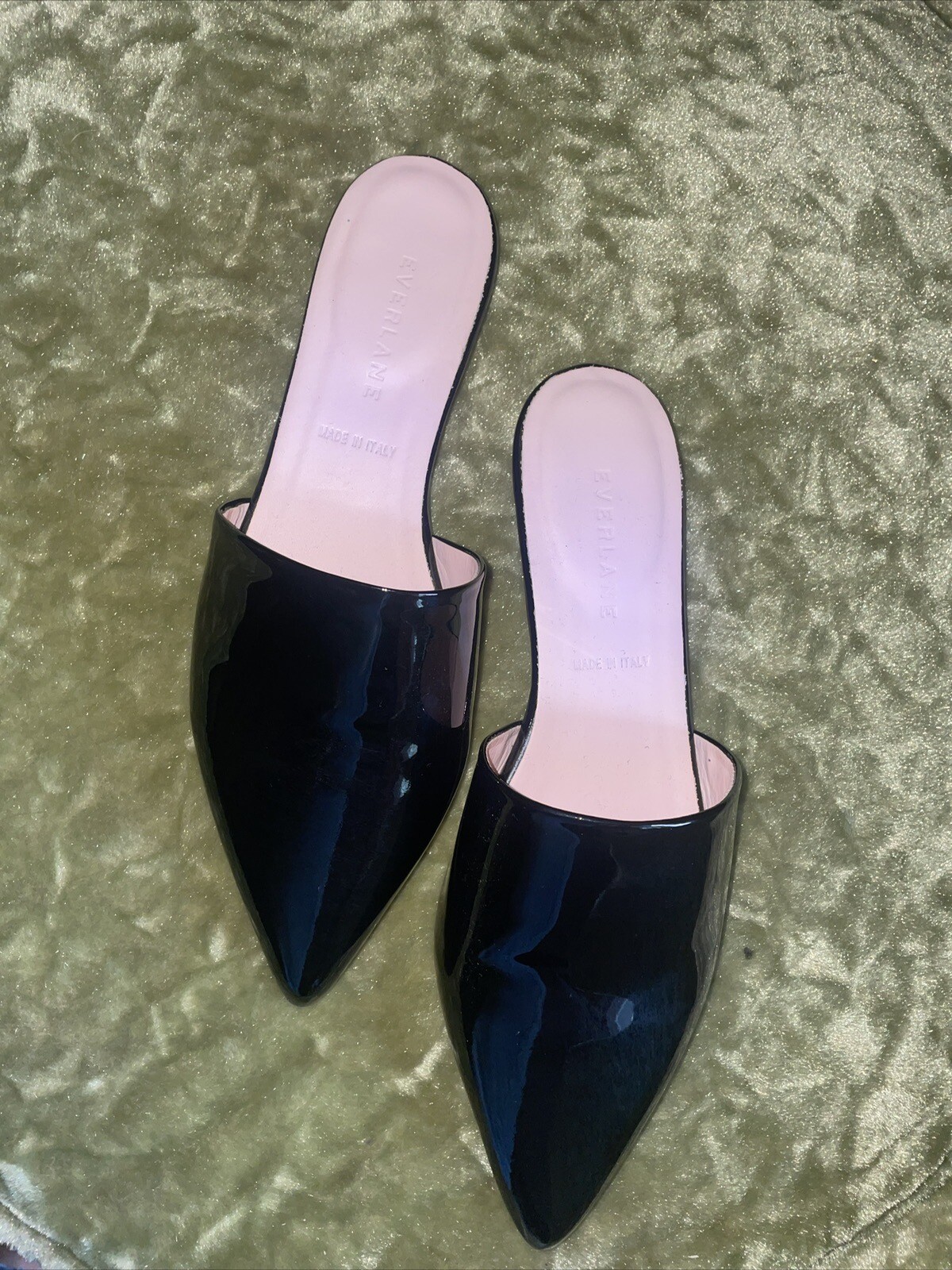 EVERLANE Pointed Slide Flat Mules Black Patent Leather Made