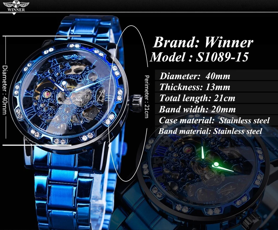 Reloj de pulsera mecánico WINNER de lujo con diamantes de acero inoxidable esqueleto Foto 4 de 4
