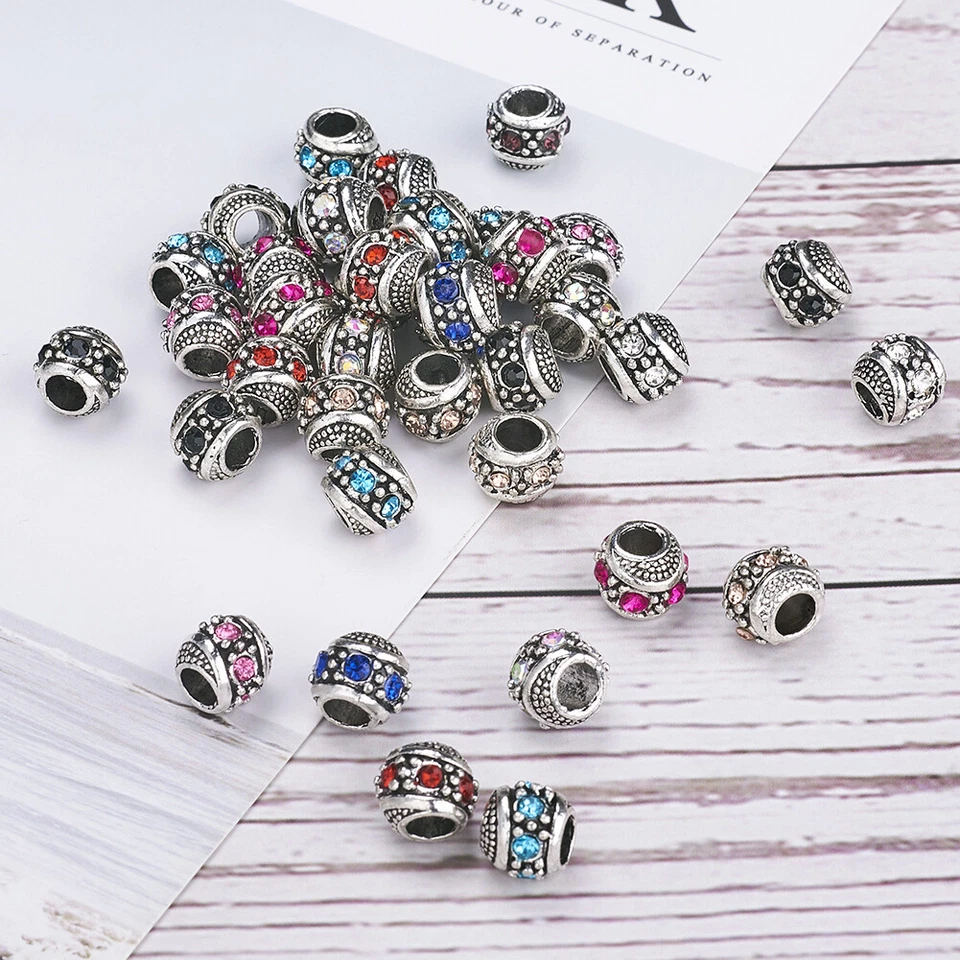 50x Cuentas antiguas de aleación de plata con diamantes de imitación rondelle europeas agujero grande 11x10 mm Foto 4 de 4