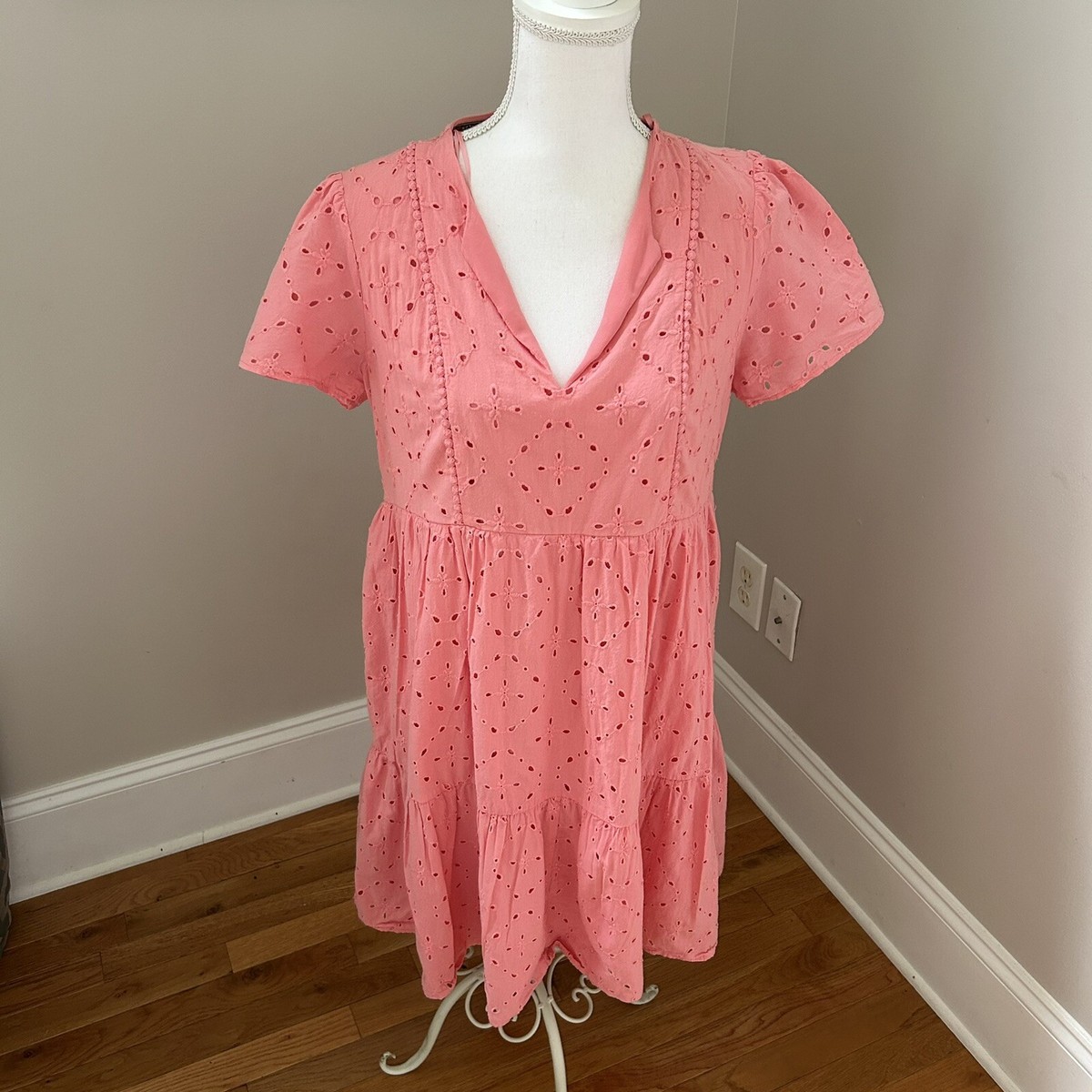 knox rose pink dress Knox Rose Womans Medium Coral Pink Cotton Eyelet Tiered Casual aline Dress
