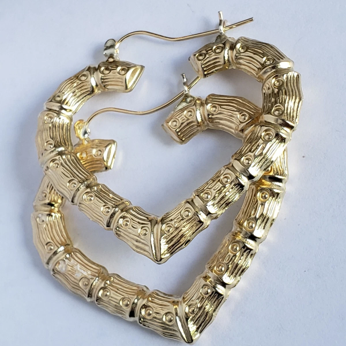 10K YELLOW GOLD HEART BAMBOO HOOPS -LARGE