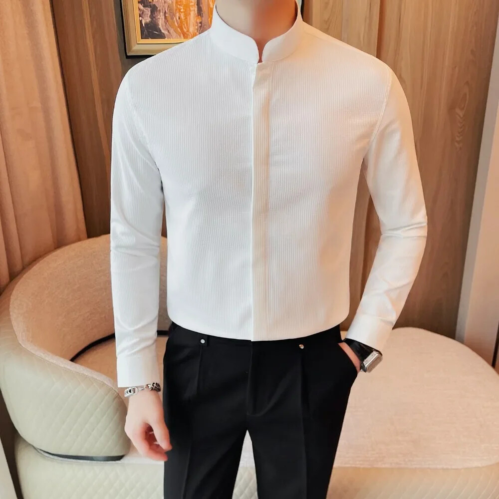 Mens Stand Collar Shirt Long Sleeve Hidden Button Slim Fit Formal Dress Tops New Mens Stand Collar Shirt Long Sleeve Hidden Button Slim Fit Formal Dress Tops New