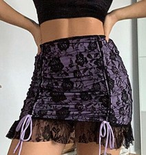 Whimsygoth Romantic Boho Black Lace Purple Floral Y2K Inspo Ruffled Mini Skirt
