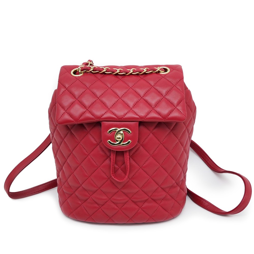CHANEL Matelass Lambskin Backpack in Red with Gold Hardware A91121