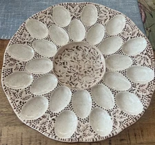Vintage Ceramic Deviled Egg Platter Italian Design Leaves Berries 24 Eggs 13” D