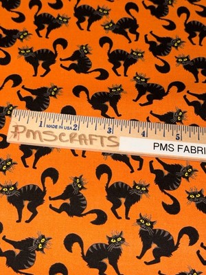 MDG Halloween Creepy Black Cat on Orange 100% light weight COTTON FABRIC by yard