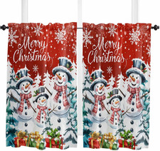 Christmas Snowman Window Curtains 45 Inch Length 2 Panels, Winter Snowflake Xmas