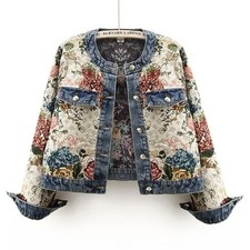 Retro Jacquard Denim Jacket Women Spring Round Neck Fashion Short Coat