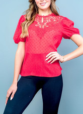 Red Swiss Dot Blouse Size L Lace Detail Puff Sleeve Top