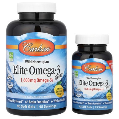 Carlson Labs, Wild Caught, Elite Omega-3 Gems, Natural Lemon Flavor, 1,600 mg