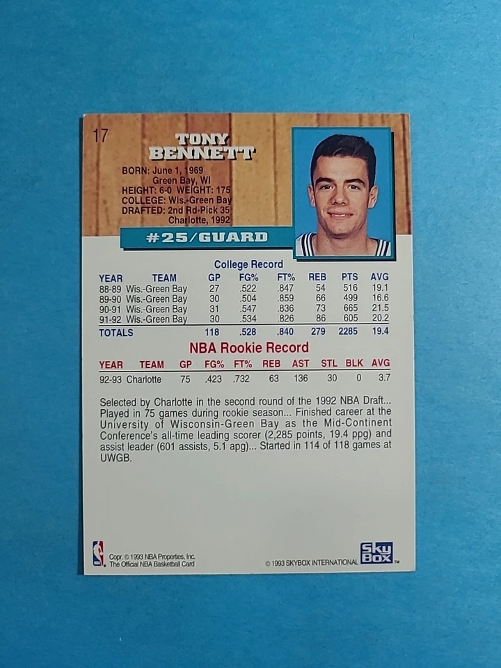 Tony Bennett 1993-94 Skybox NBA Hoops Basketball Card # 17 J3375 - Image 2 of 2