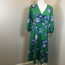 Eliza J Floral 3/4 Sleeve Faux Wrap Dress Size 8P Tie Waist Green Lightweight