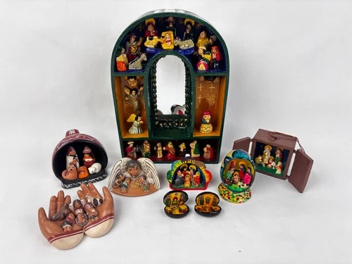 Peruvian Nativity Diorama Shadow Box & Terracotta Clay Christmas Folk Art CIAP