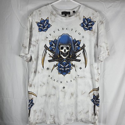 Affliction Black Label Mens Large Reaper Skull Blue Rose Tie Dye Graphic T Shirt
