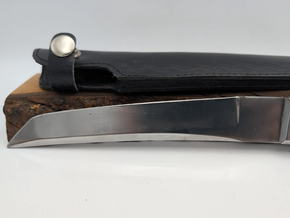 Vintage 1980s Tanto Style Knife w/ Black Leather Sheath | Heavy Duty | Pakistan - Image 2 of 4