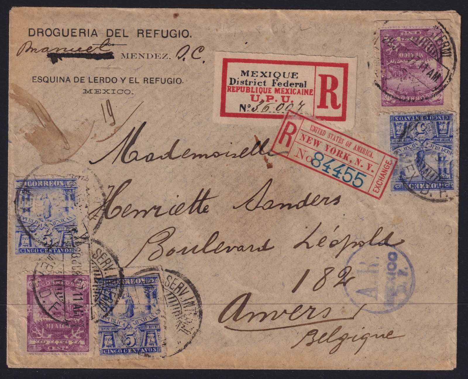 MEXICO ~1897, REGISTERED LETTER FROM MEXICO TO BELGIUM