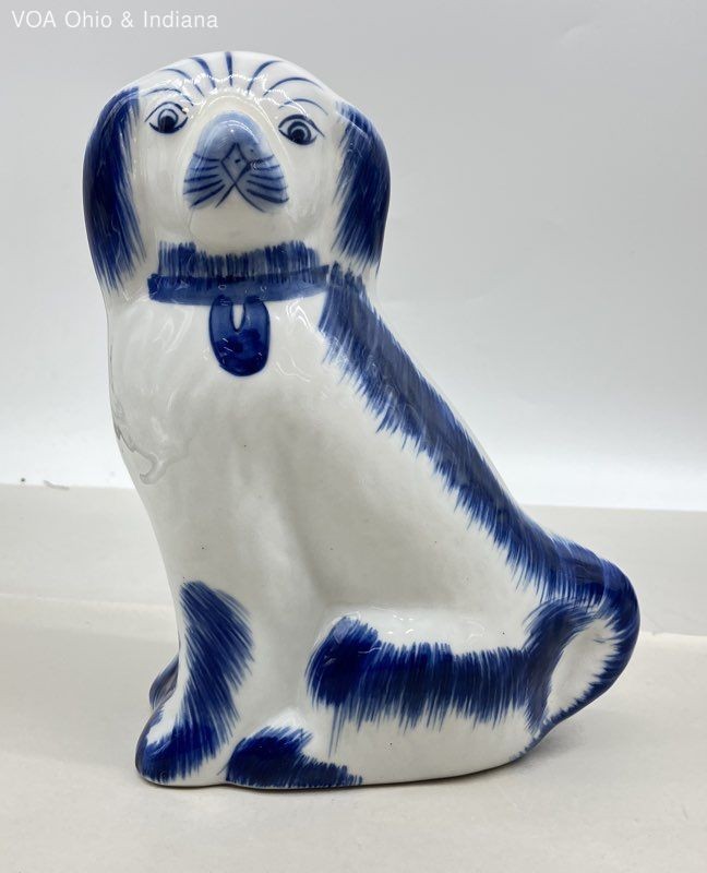 Ceramic Dog Figurine Blue and White Hand-Painted Staffordshire Style 9 Inch