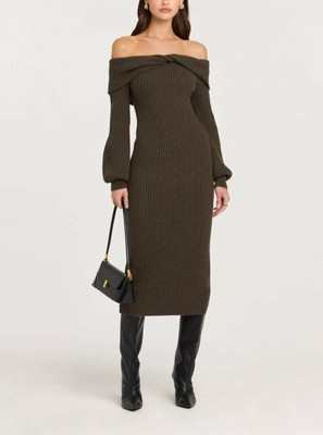Astr Tilde Off Shoulder Midi Sweater Dress Walnut