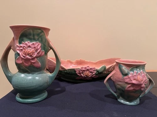 Roseville Vintage Water Lily  Group of 3, 443-12, 74-7, 71-4 in