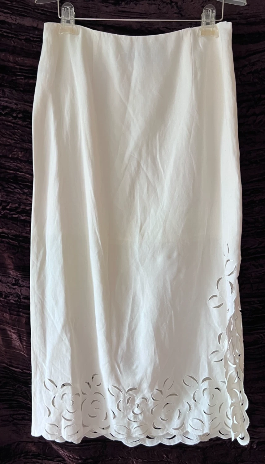 Dana Buchman Silk/Linen Laser Cutouts Side Slit Ivory Skirt Size 12 Petite