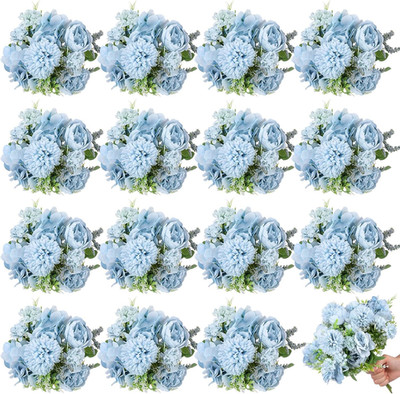 Elegant Blue Artificial Peony & Hydrangea Bouquet for Wedding Decor (16 Pcs)