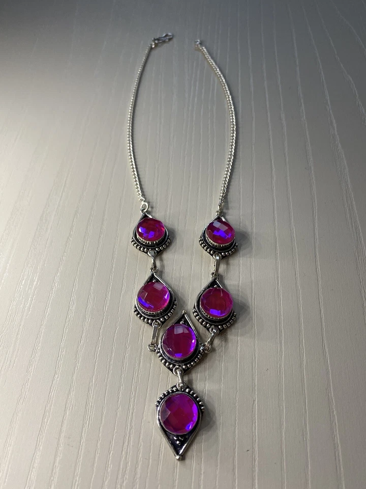 Argento 925 Collana Girocollo Cristallo Fucsia - Immagine 2 di 4