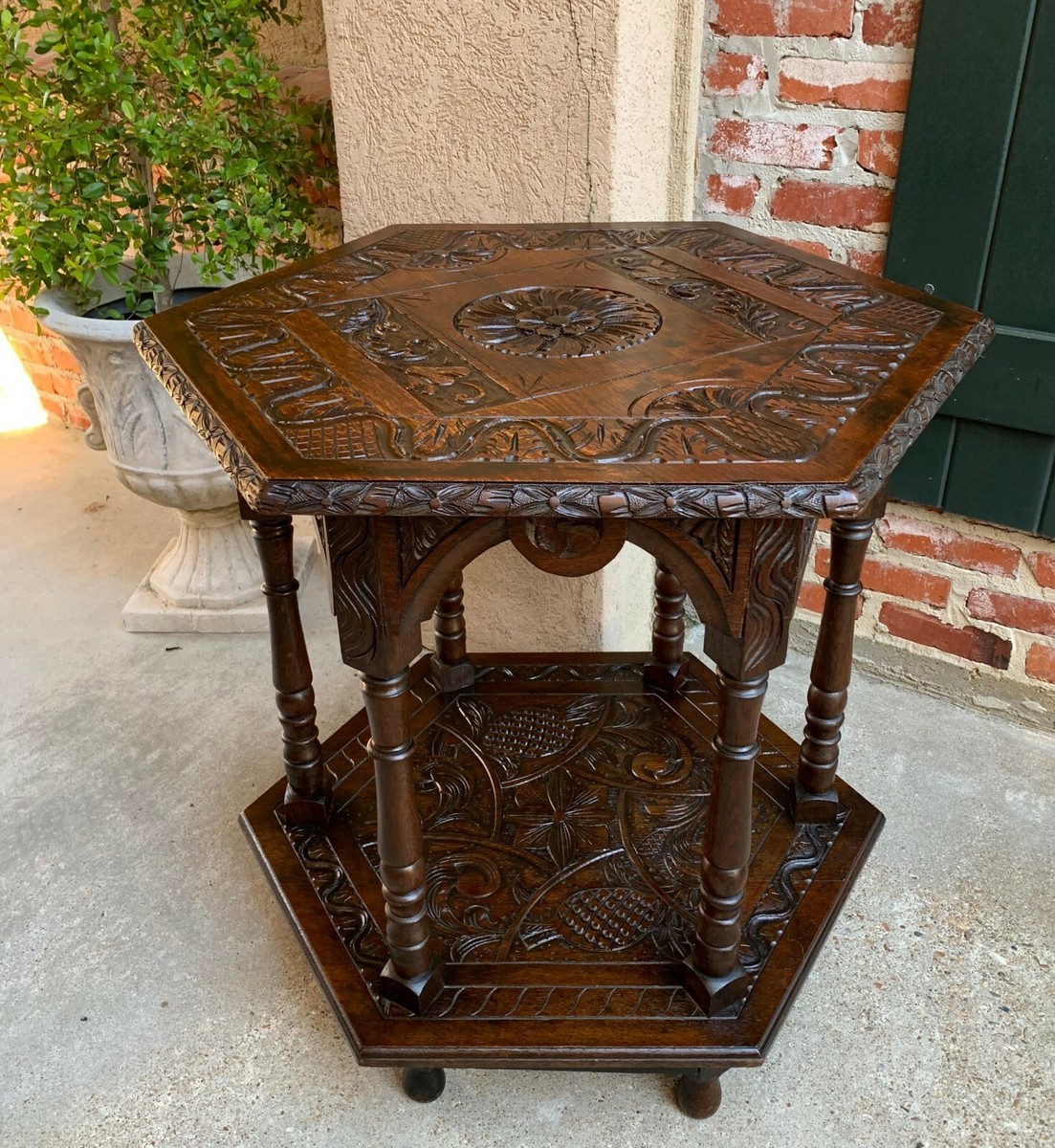 Antique French Carved Oak Center Side Table Hexagon Two Tier