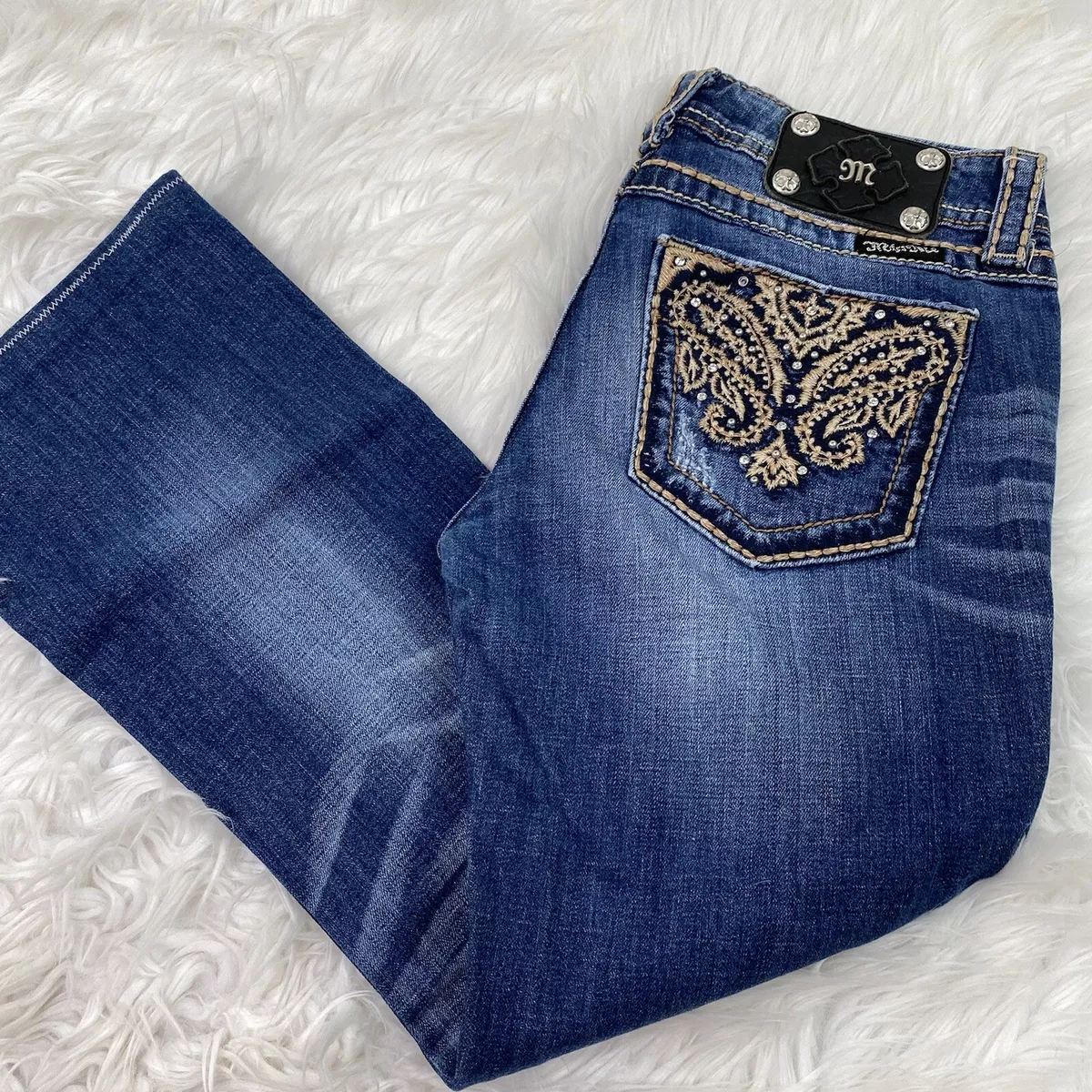 Miss Me Women s Bootcut Jeans Size 29 Blue Embroidered Distressed Casual