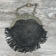 Antique Art Deco 1920 s Fringed Beaded Silver Ladies Black Coin Purse Wallet