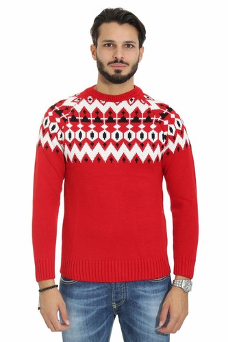 Maglione Uomo Maglioncino Pullover Girocollo Fantasia Rombi Natalizio Rosso  | eBay