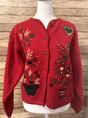 VINTAGE Talbots Petites Red Heart Embroidered Wool Cardigan Sweater SMALL  PETITE