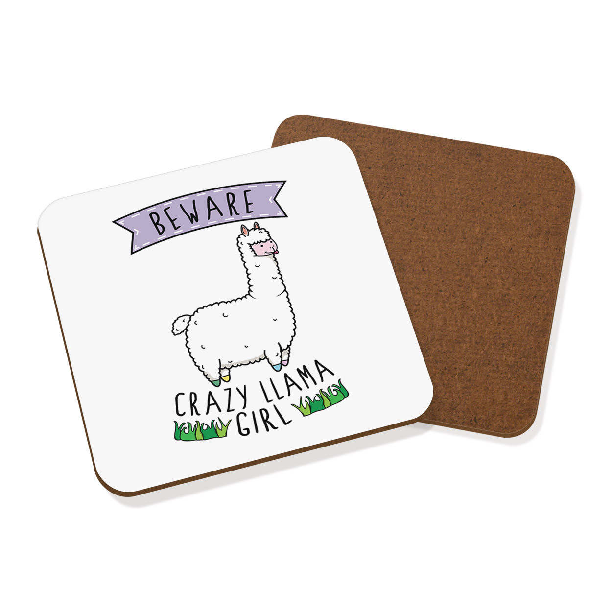 Beware Crazy Llama Girl Coaster Drinks Mat - Funny Alpaca Animal Pet