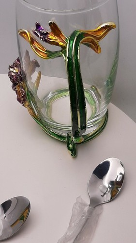 COAWG Lily Iris Flower Mug Cup Glass With Handpainted Metal Handles 2 Spoons - Picture 5 of 11