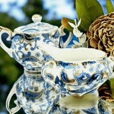 Vintage Lefton China Petite Sugar & Creamer Blue Gold Paisley Gold Accent Set