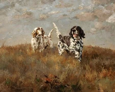 Two Setters on a Hilltop Vintage Dog Painting Giclee Print on Fine Art Paper
