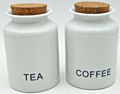 WHITE CERAMIC COFFEE & TEA CANISTERS WITH CORK LIDS 6.5'' TALL UNBRANDED