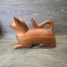 Vintage Hand Carved Wooden Stylized Cat Trinket Box Storage Sphinx 9x7" Cat Lady
