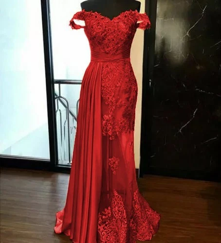 Vestidos de Noche de Sirena Formales Fuera del Hombro Encaje Cóctel Fiesta Baile de graduación Vestido Foto 2 de 4