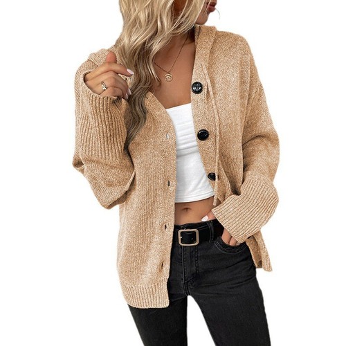 New drawstring knitted cardigan jacket hooded single breasted sweater for women - Picture 15 of 29