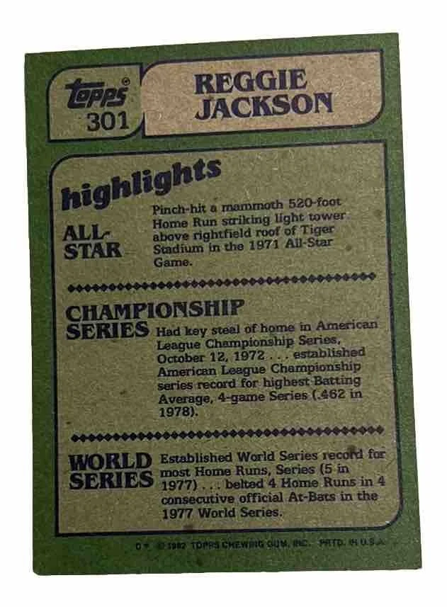 1982 Topps - In Action #301 Reggie Jackson Original Owner Pristine Card - Image 2 of 4