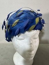 Vintage Desi of New York 1960  s Ladies Hat Blue Feathers 7  Leaves Original NY