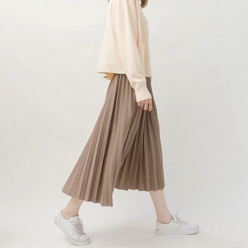 Women Soild Color Pleated Skirt Preppy Style Elastic Waist Midi A-line Skirt - 第 6/23 張圖片