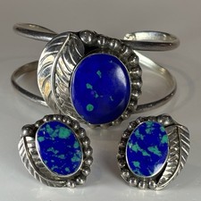 Taxco TC Sterling Silver Jewelry Set 48.6g Blue Azurite Bracelet & Earrings