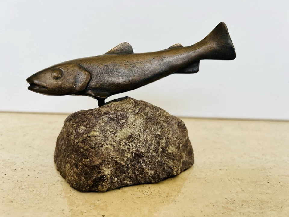 Escultura de bronce vintage Art Deco Charles Reussner trucha pez Suiza Foto 3 de 4