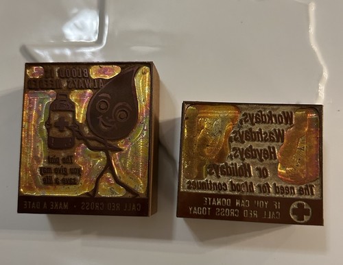 Vintage American Red Cross Letterpress Printing Blocks Blood Donation Ads Lot