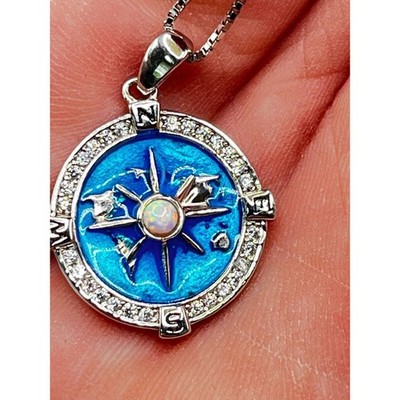 Compass Pendant Necklace Silver Navy Travel Map Necklace 18''